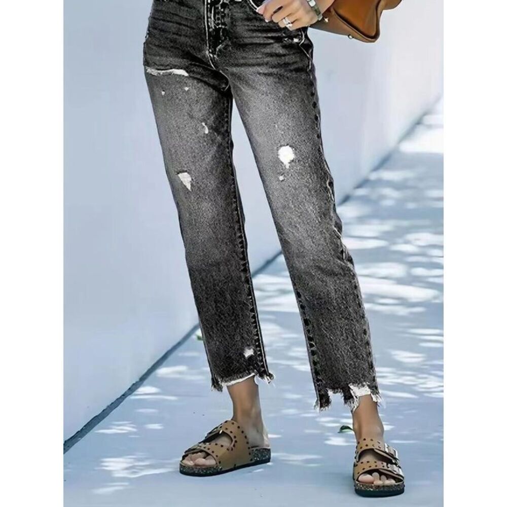 Everyday the Label Distressed Straight Leg Jeans Women Dark Gray - Picture 5 of 6